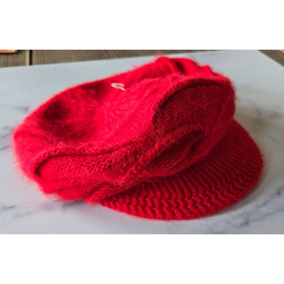 Red Beret Hat Rabbit Hair Cable Knit Newsboy Cap Retro Vintage 90s Y2K Funk - Picture 1 of 8